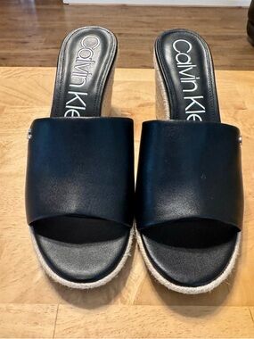Calvin Klein Black Leather Slide Espadrille Wedge Mules